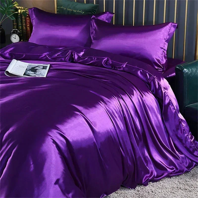 Pink glossy satin ruffled bedding set with fitted sheet bedroom