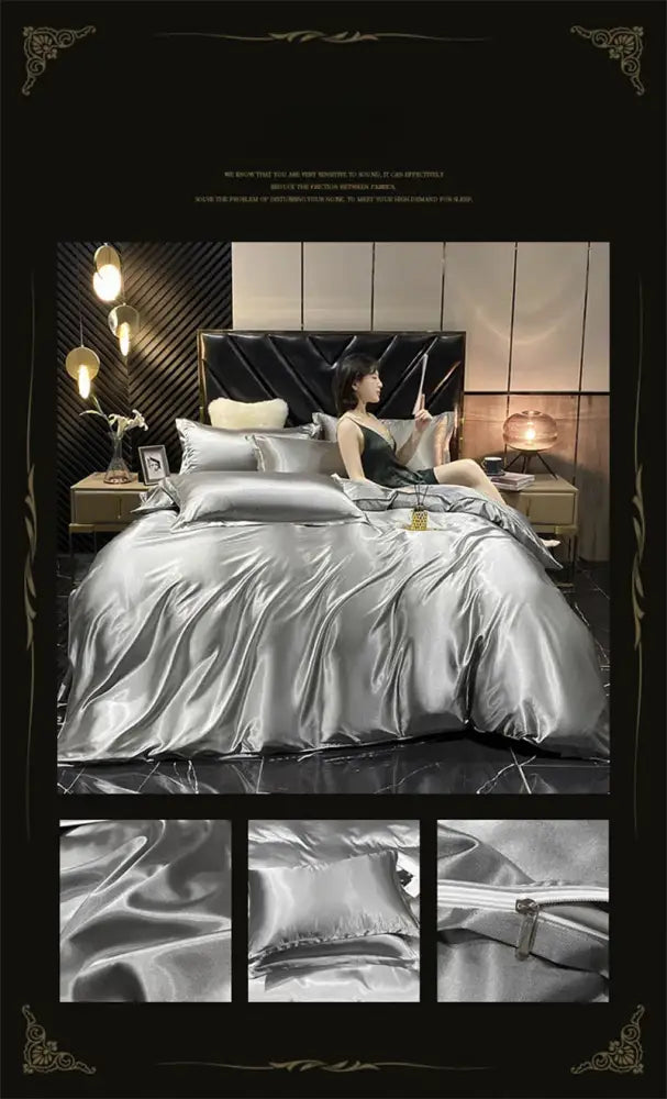 Luxurious emerald green satin bedding set with duvet cover bedroom