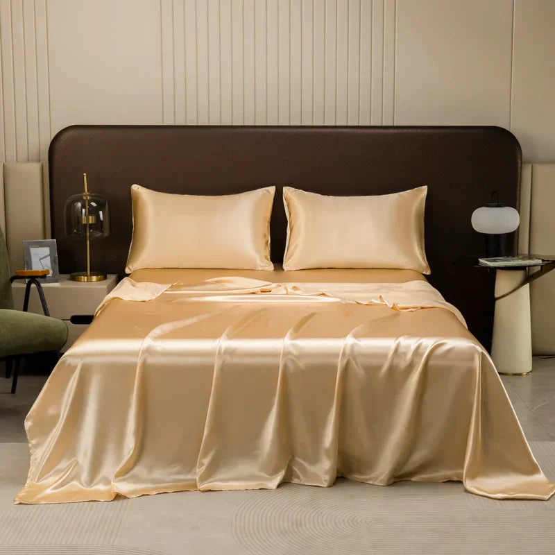 Luxurious cream solid color satin bedding set with flat sheet bedroom