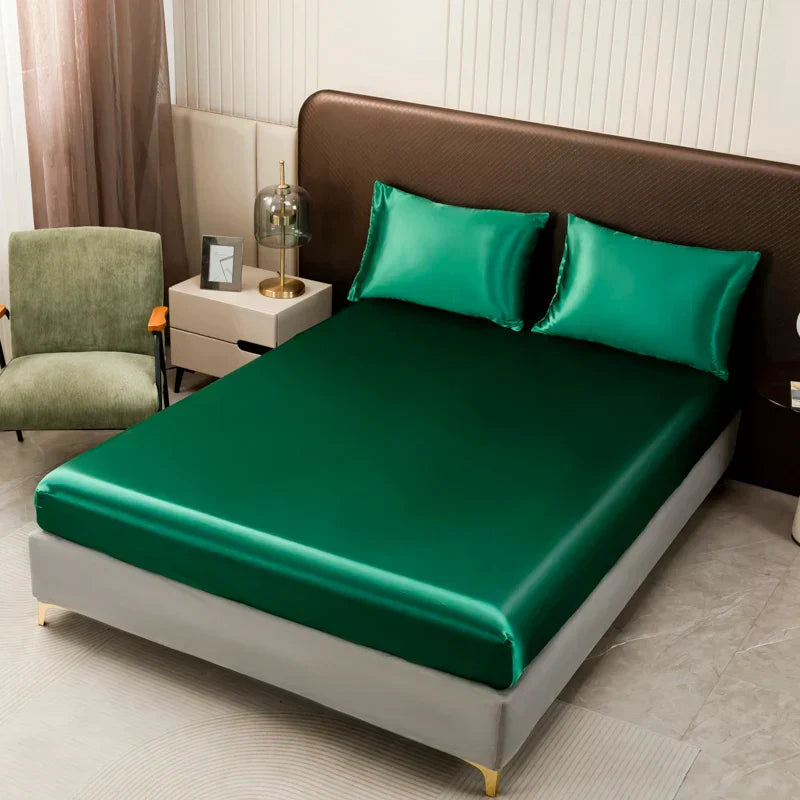 Luxurious cream solid color satin bedding set with flat sheet bedroom