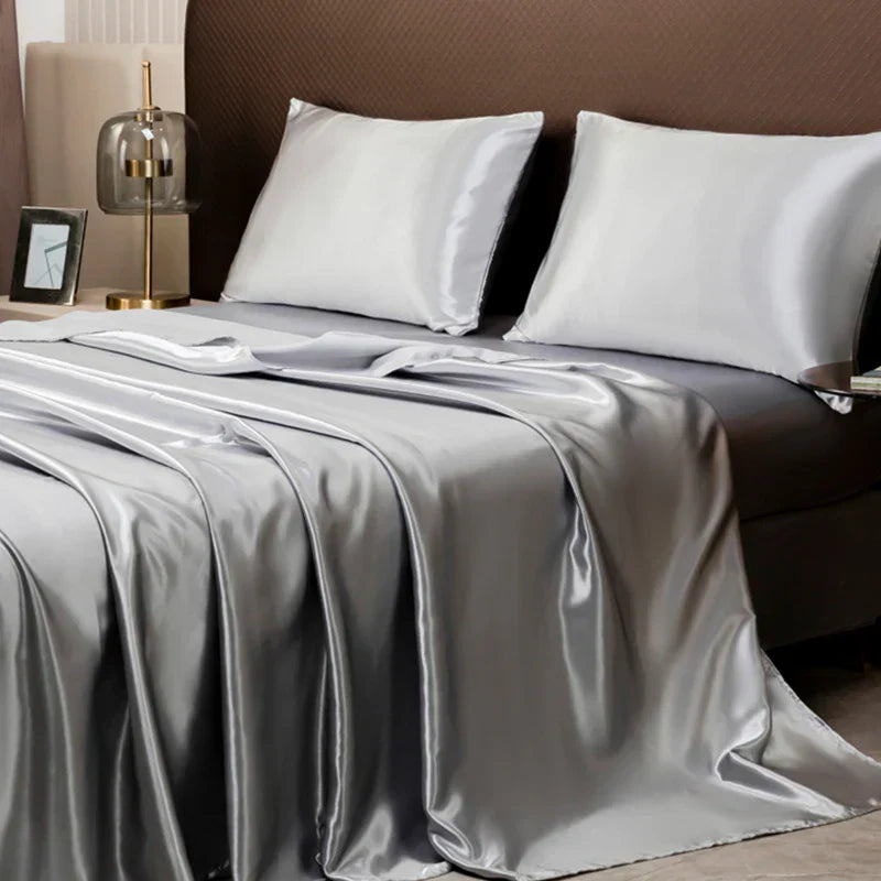 Luxurious cream solid color satin bedding set with flat sheet bedroom