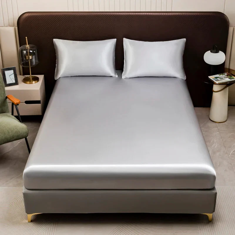 Luxurious cream solid color satin bedding set with flat sheet bedroom