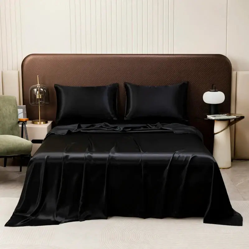 Luxurious cream solid color satin bedding set with flat sheet bedroom