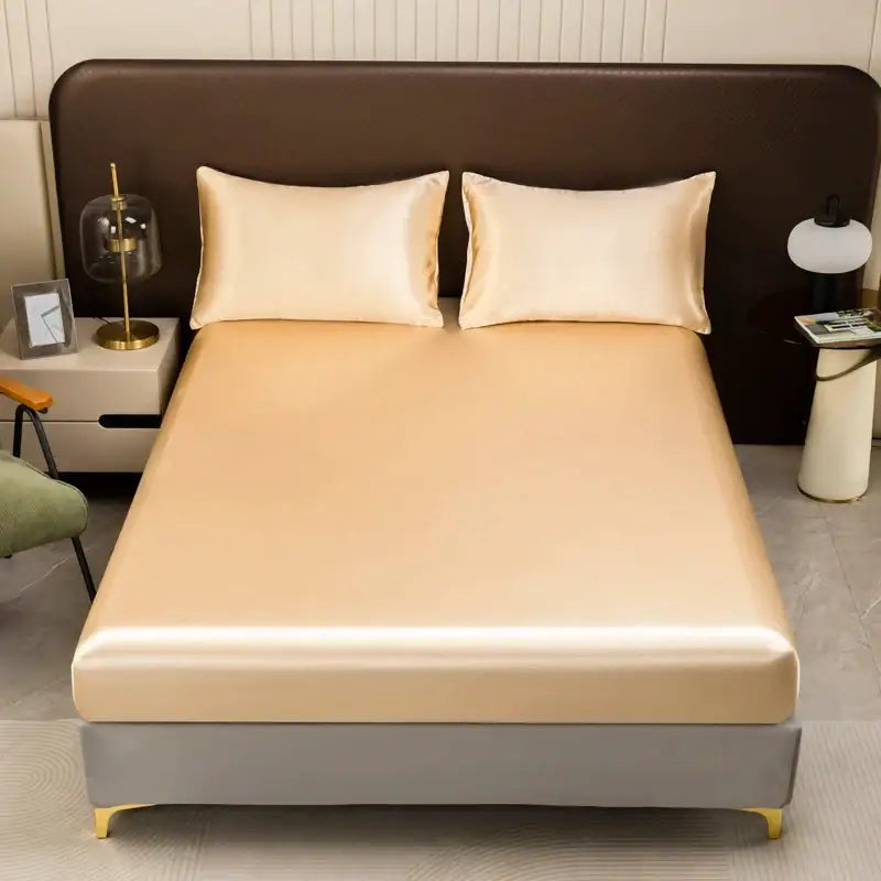 Luxurious cream solid color satin bedding set with flat sheet bedroom
