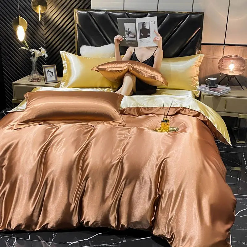Luxurious burgundy satin duvet cover bedroom bedding set