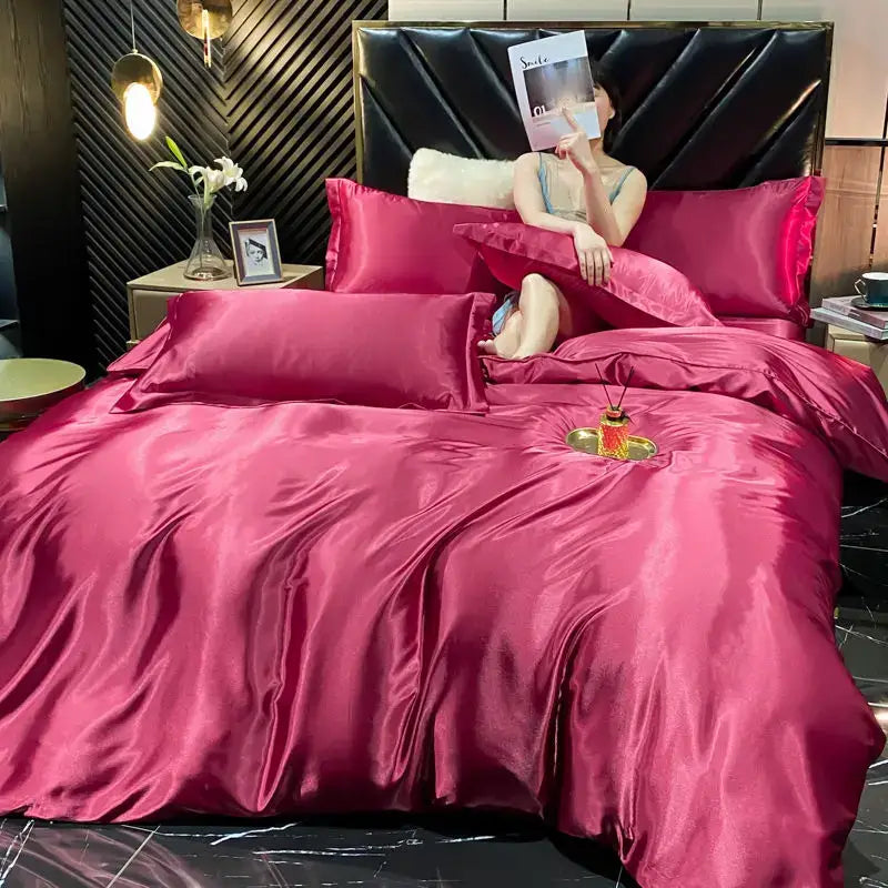 Luxurious burgundy satin duvet cover bedroom bedding set
