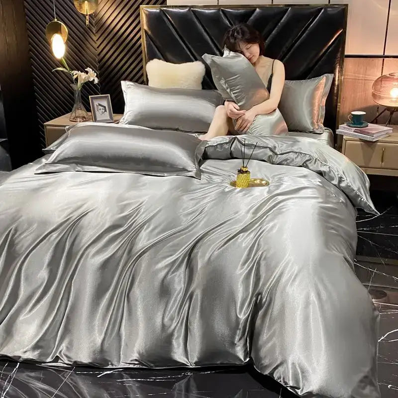 Luxurious burgundy satin duvet cover bedroom bedding set