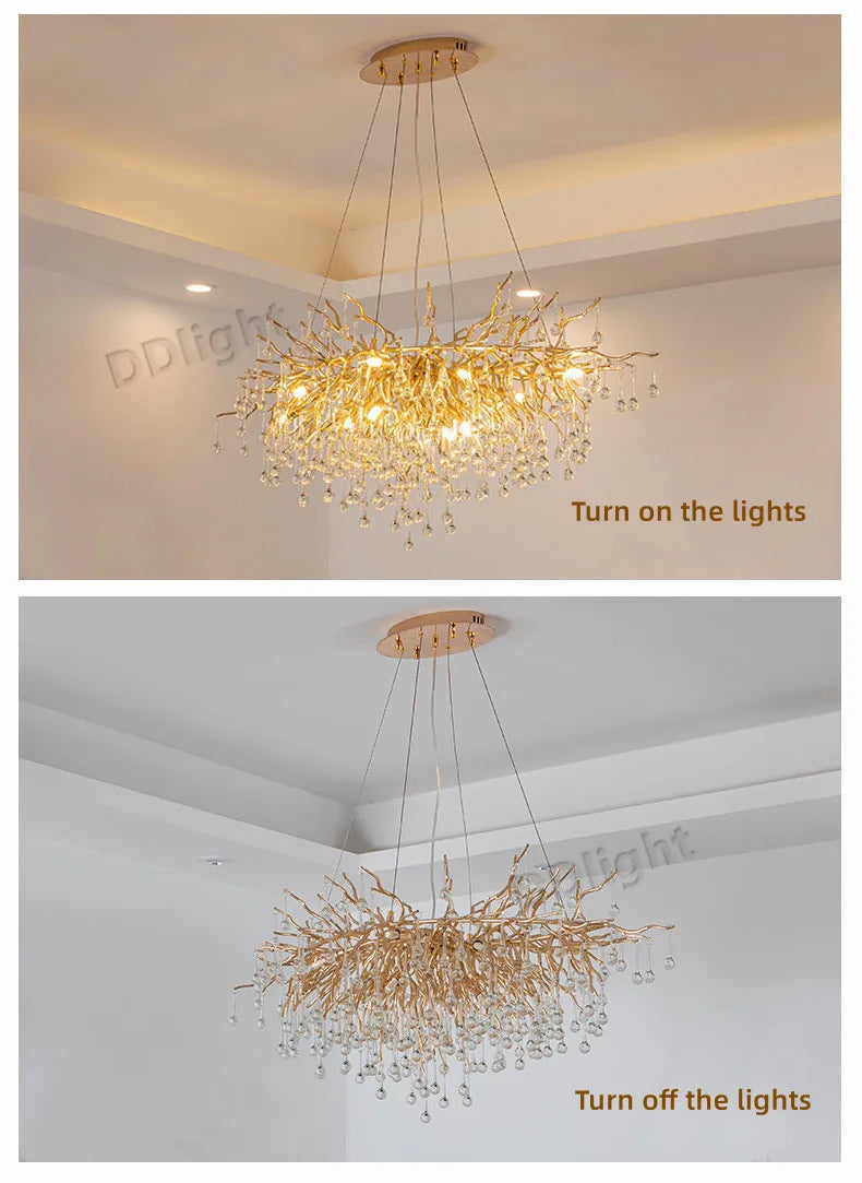Luxury gold branch crystal chandelier dining room pendant light