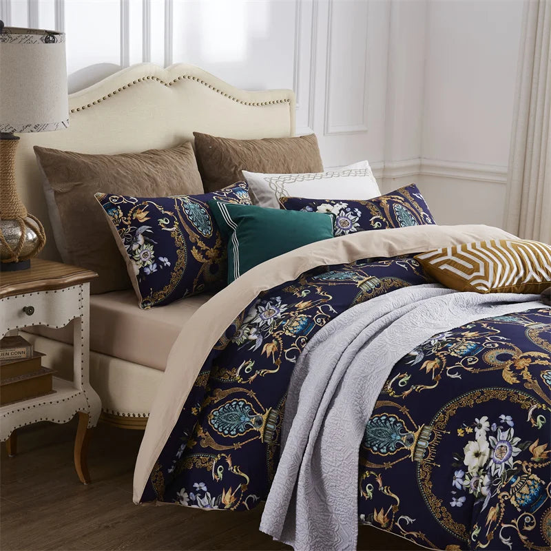 Blue and pink floral egyptian cotton duvet cover bedroom set