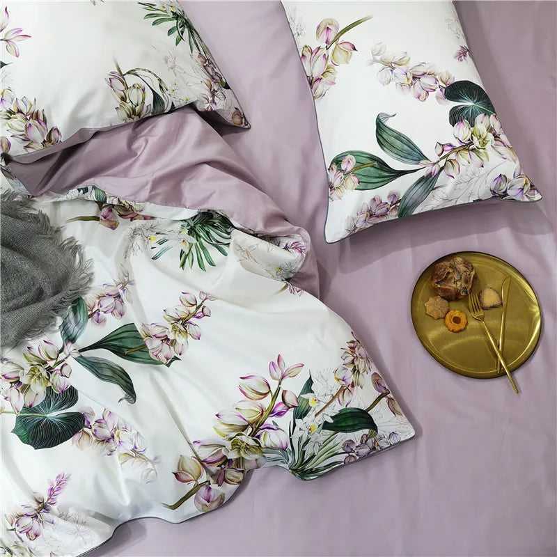 Botanical lavender & white egyptian cotton duvet cover bedroom set