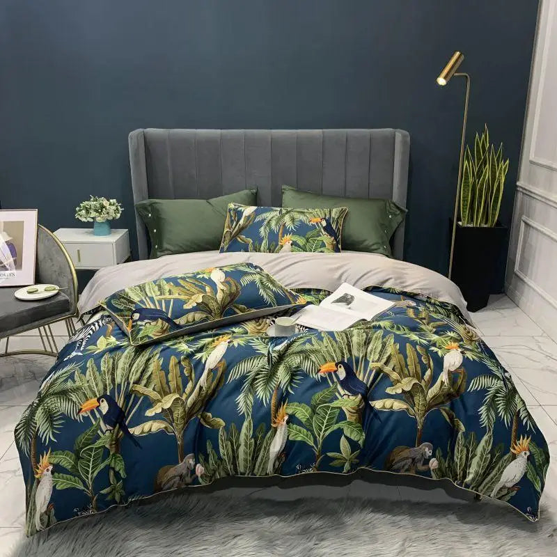 Botanical flamingo leaf egyptian cotton duvet cover bedroom set
