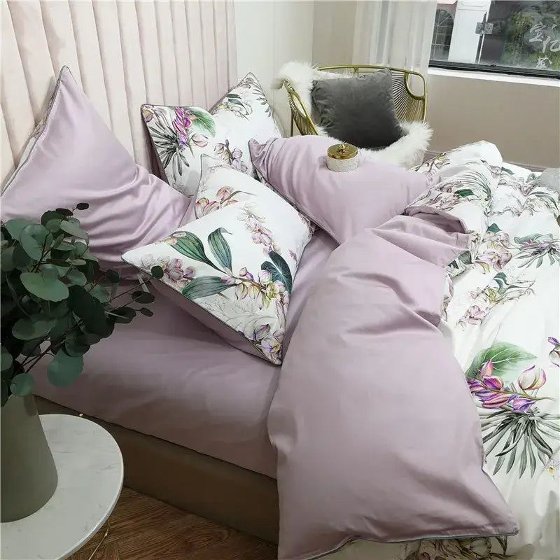 Blue and pink floral egyptian cotton duvet cover bedroom set