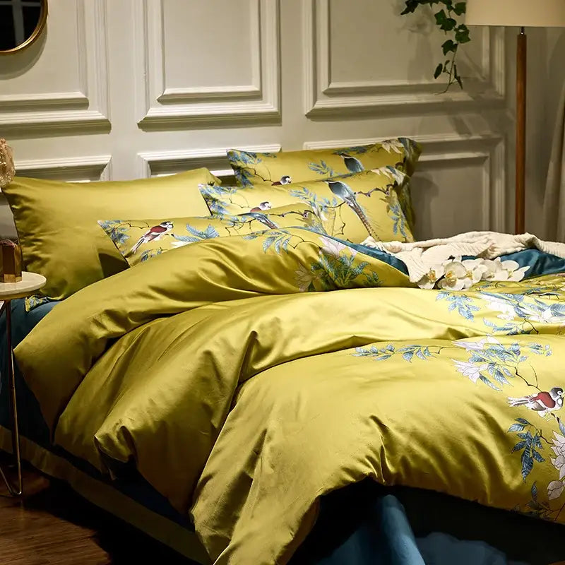 Luxury flamingo and leaf egyptian cotton duvet cover bedroom set