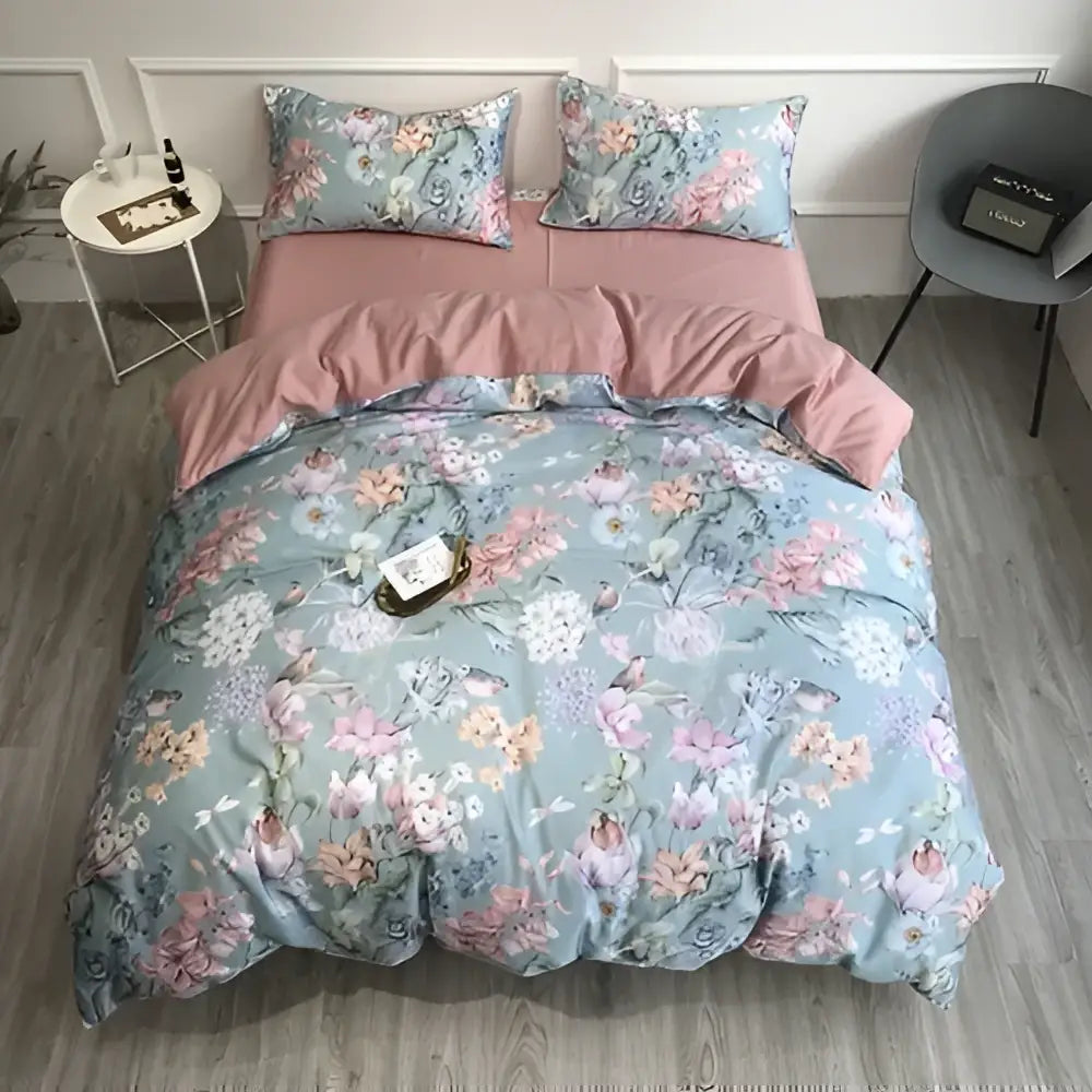 Pastel blue & pink floral duvet cover set bedroom egyptian cotton