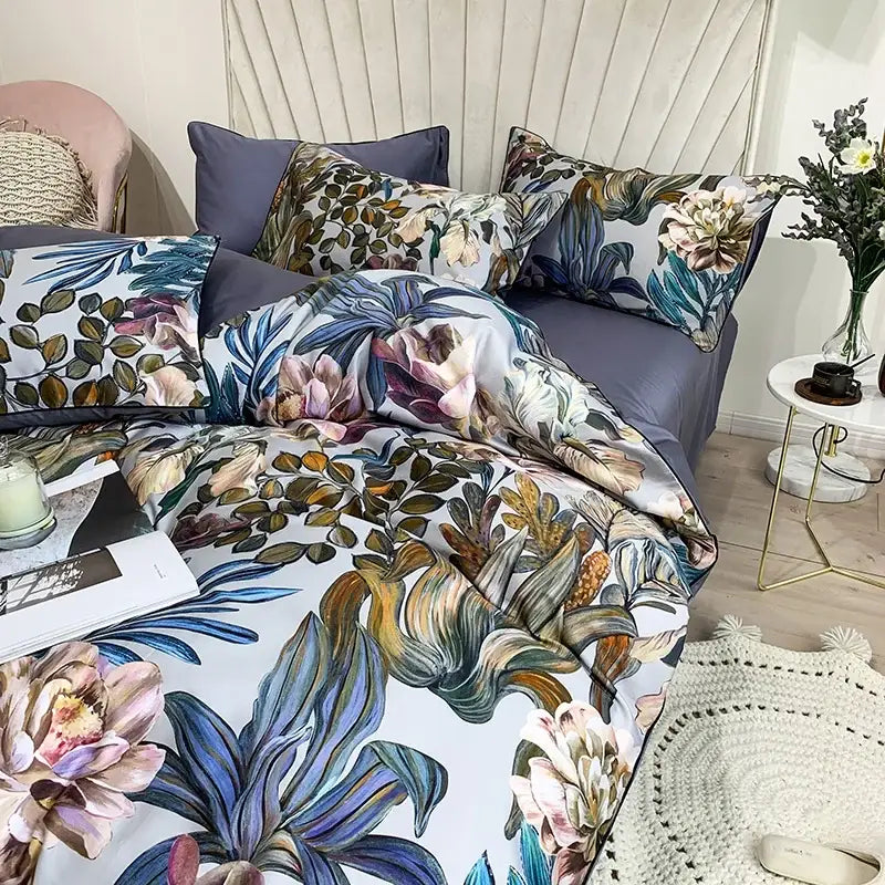Luxury dark gray egyptian cotton hummingbird duvet cover bedroom set