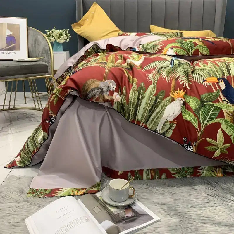 Luxury dark gray egyptian cotton hummingbird duvet cover bedroom set