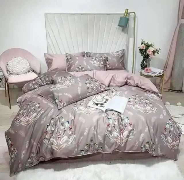 Floral mauve satin duvet cover bedroom set with pieces pillowcases