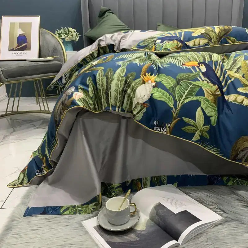 Luxury dark gray egyptian cotton hummingbird duvet cover bedroom set