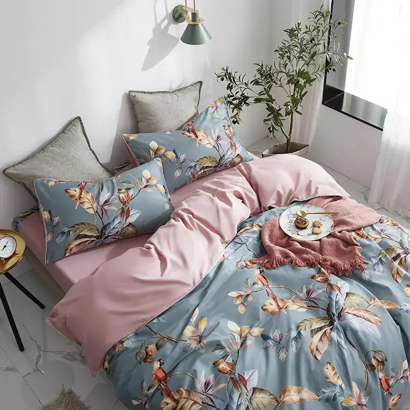 Luxury dark gray egyptian cotton hummingbird duvet cover bedroom set