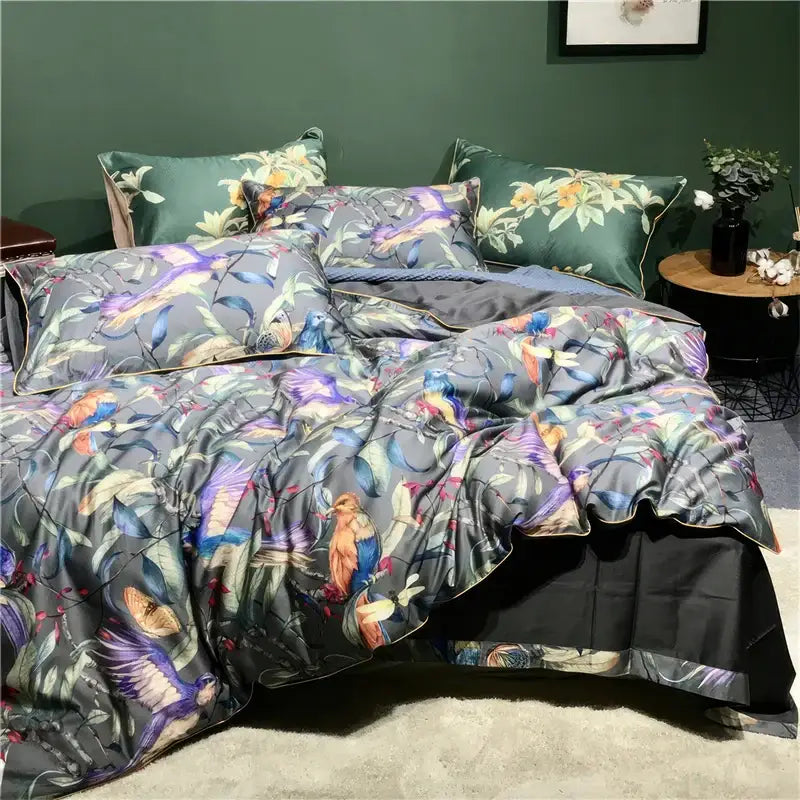 Luxury dark gray egyptian cotton hummingbird duvet cover bedroom set