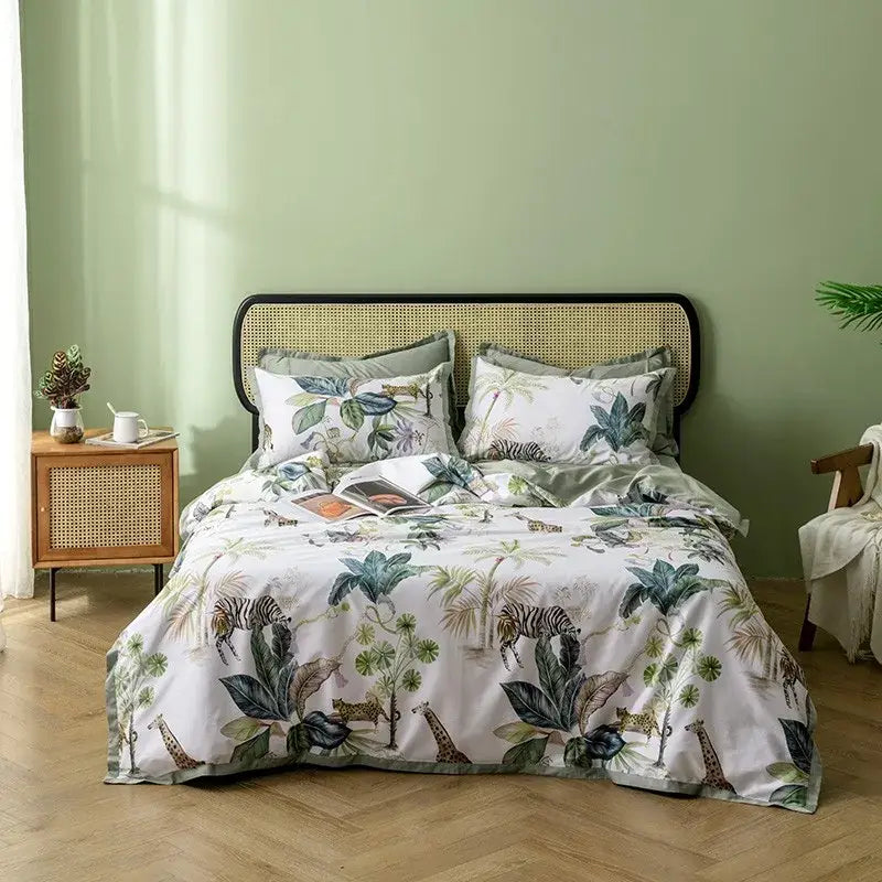 Luxury yellow satin flamingo leaf duvet cover bedroom set with pillowcases