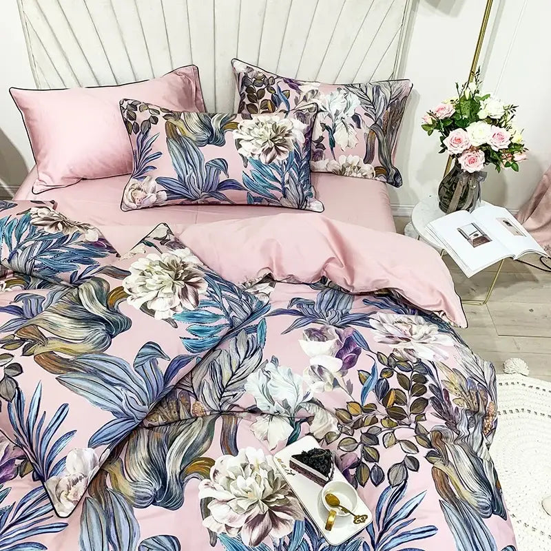 Luxury egyptian cotton flamingo leaf duvet cover bedroom set