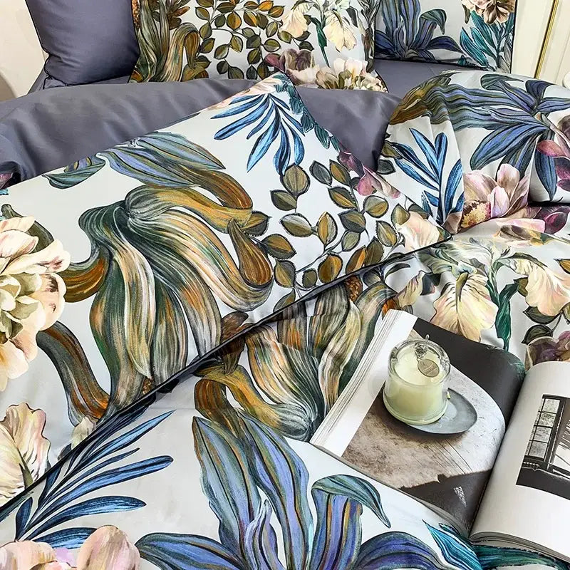 Teal floral egyptian cotton duvet cover bedroom set with pillowcases