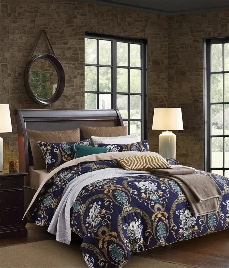 Botanical navy & gold egyptian cotton duvet cover bedroom bedding