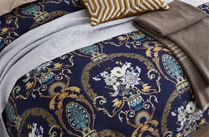Luxury navy & gold floral paisley duvet cover bedroom bedding set