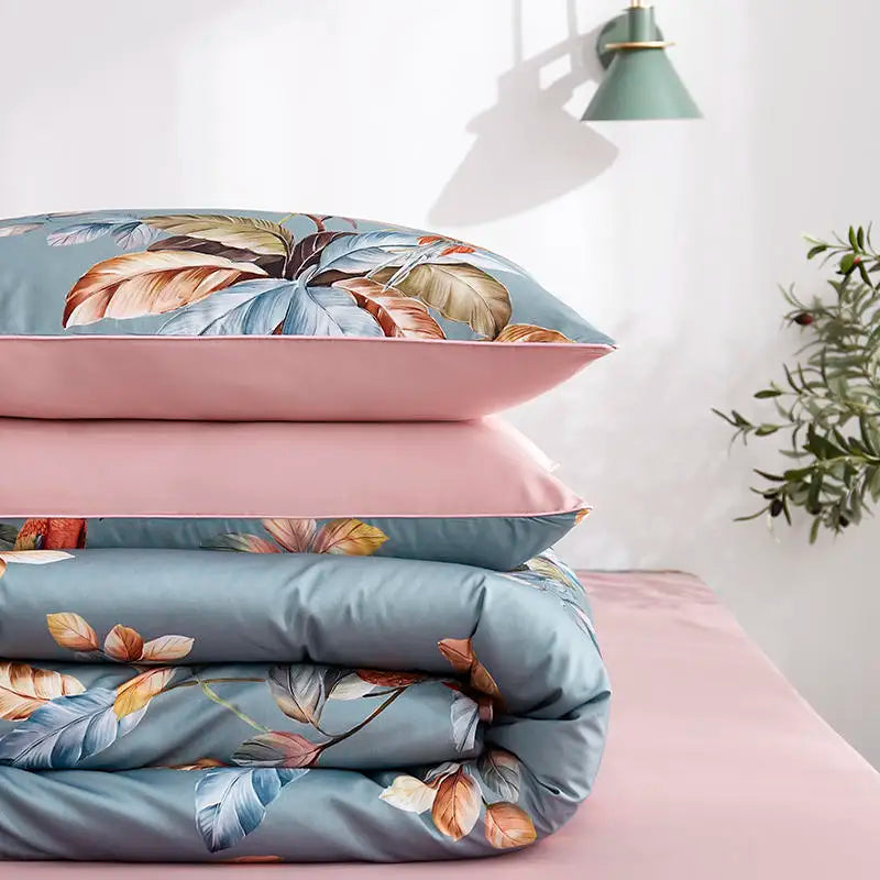 Tropical blue flamingo leaf duvet cover king size bedroom bedding