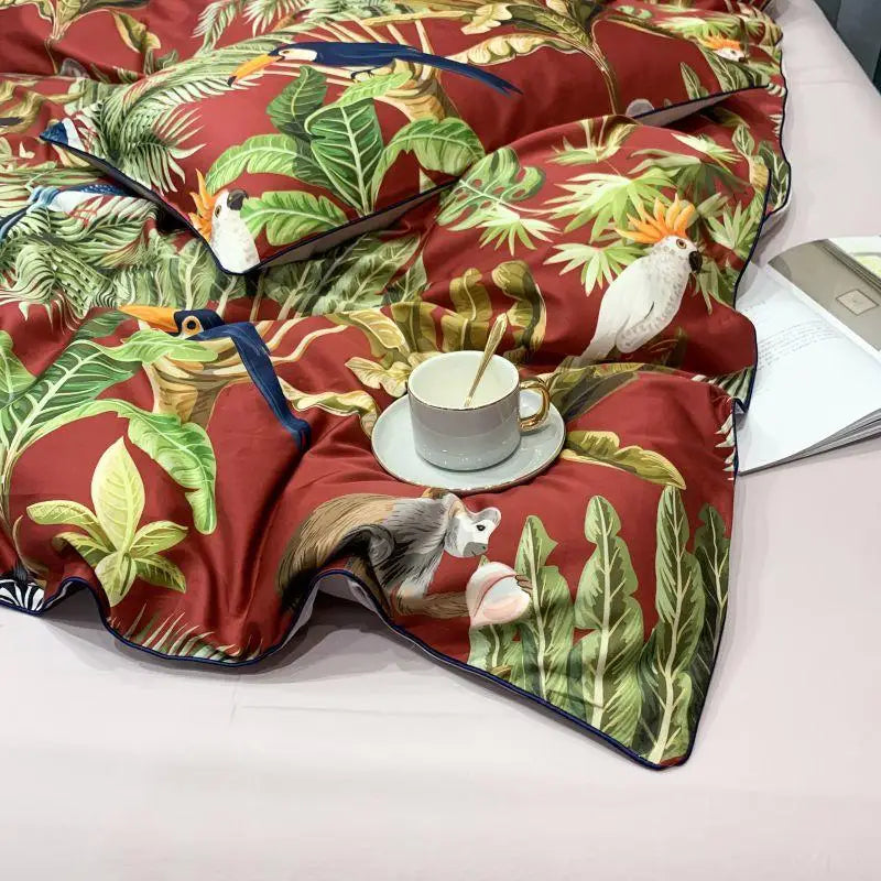 Luxury teal & pink flamingo leaf duvet cover – bedroom bedding set