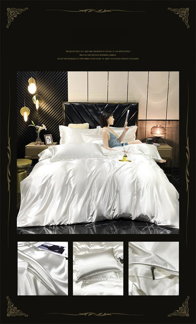 Luxury silver mulberry silk bedding set bedroom satin sheets