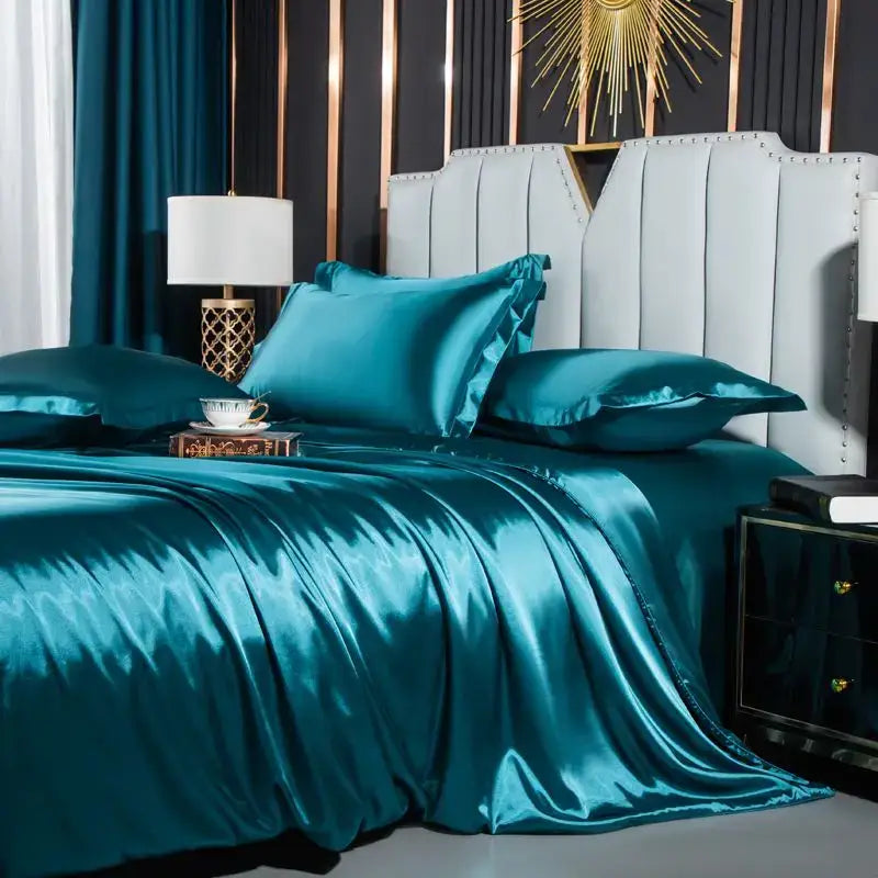 Luxury emerald green satin duvet cover bedroom bedding set