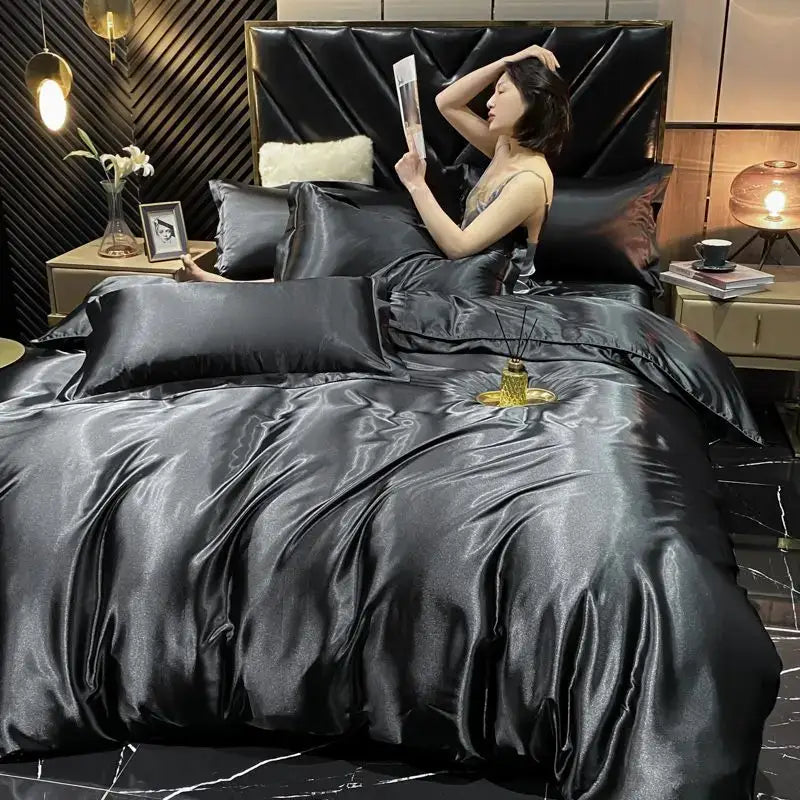 Luxury teal satin duvet cover bedroom bedding set