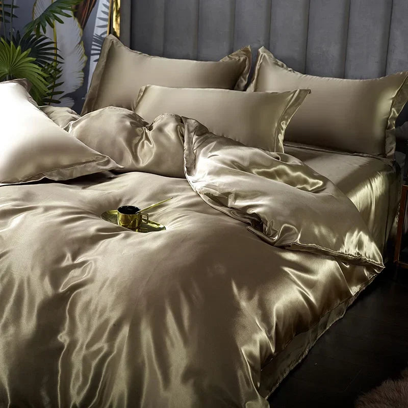 Luxury golden satin duvet cover bedroom bedding set