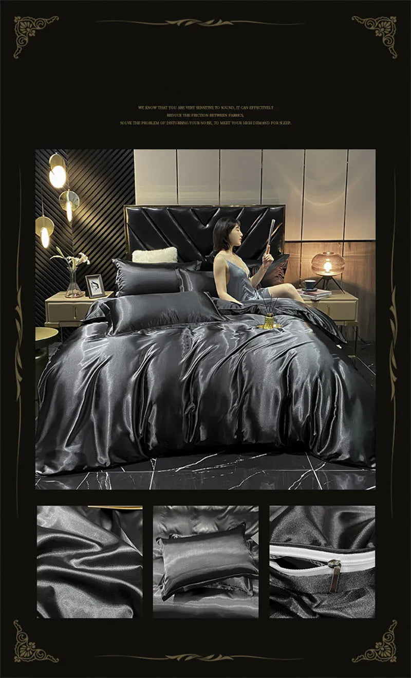 Luxury silver satin duvet cover bedding set bedroom sheets