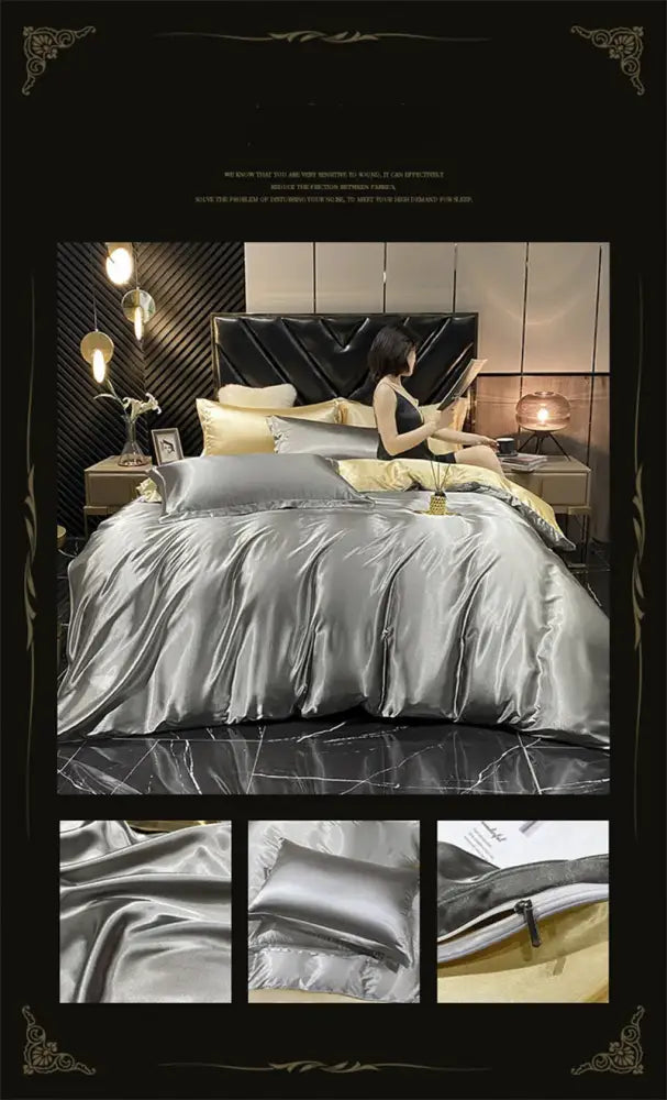Luxury silver satin duvet cover bedding set bedroom sheets