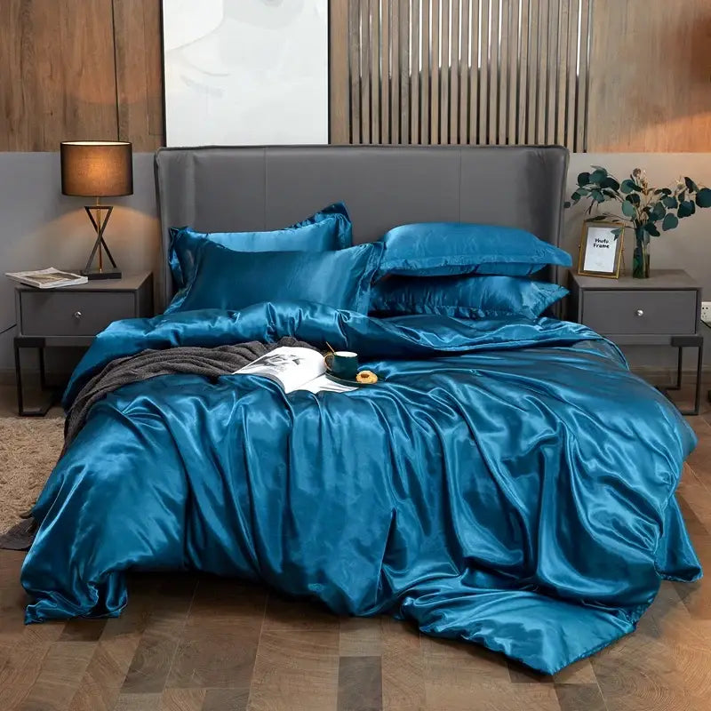 Luxury peach & dark gray rayon satin 3pc duvet cover bedroom set