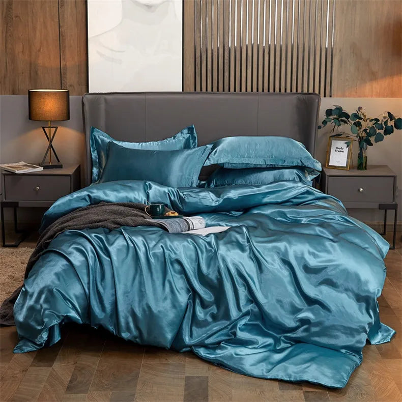 Luxury white satin solid color pcduvet cover bedroom bedding set