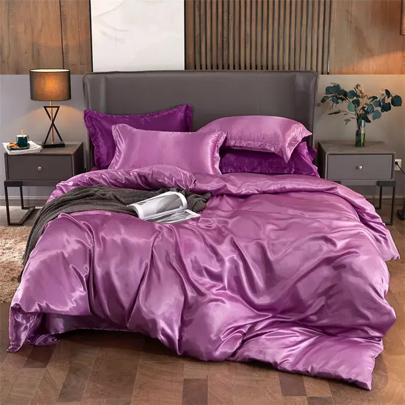 Luxury white satin solid color pcduvet cover bedroom bedding set