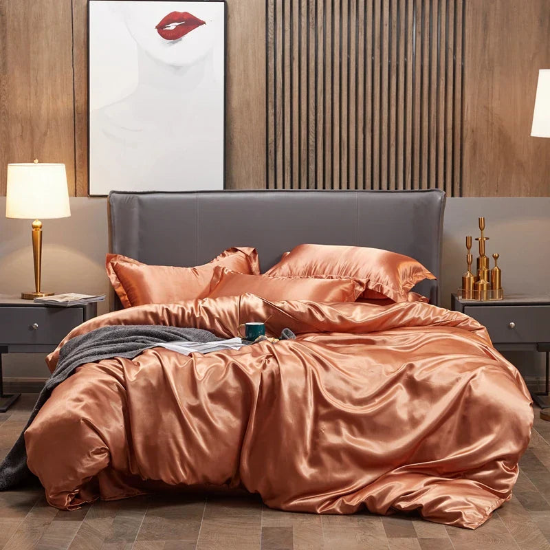 Luxury teal satin solid color bedding set for bedroom queen width bed
