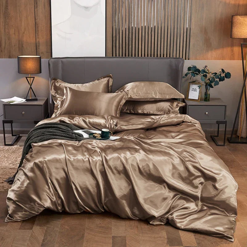 Luxury pink satin solid color bedding set with duvet cover for bedroom
