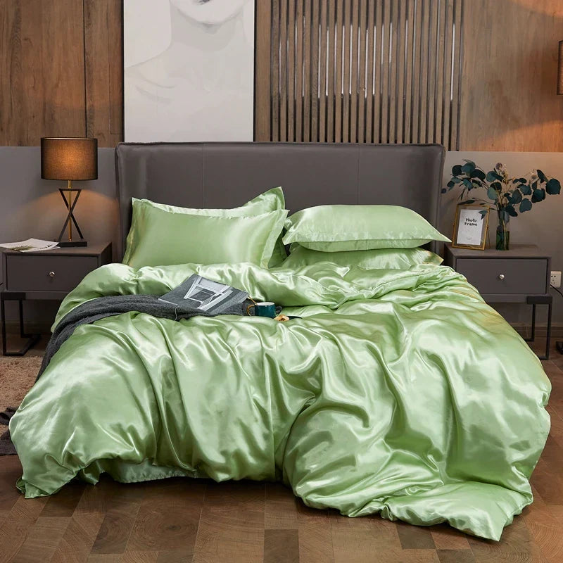 Luxury teal satin solid color bedding set for bedroom queen width bed