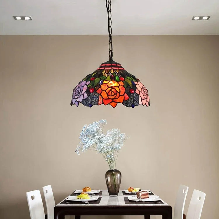 Tiffany style rose stained glass pendant light dining room