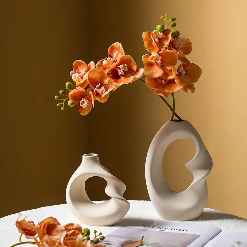 Modern cream matte ceramic vase set living room organic decor