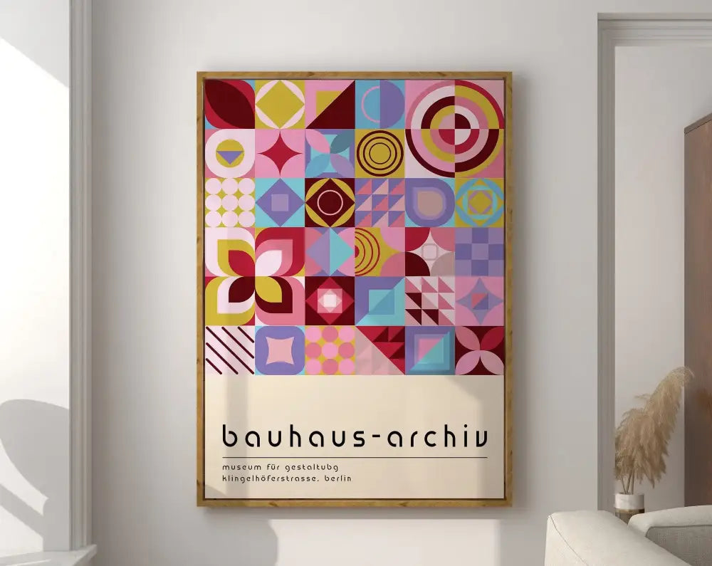 Mid century modern pink & orange geometric canvas wall art living room