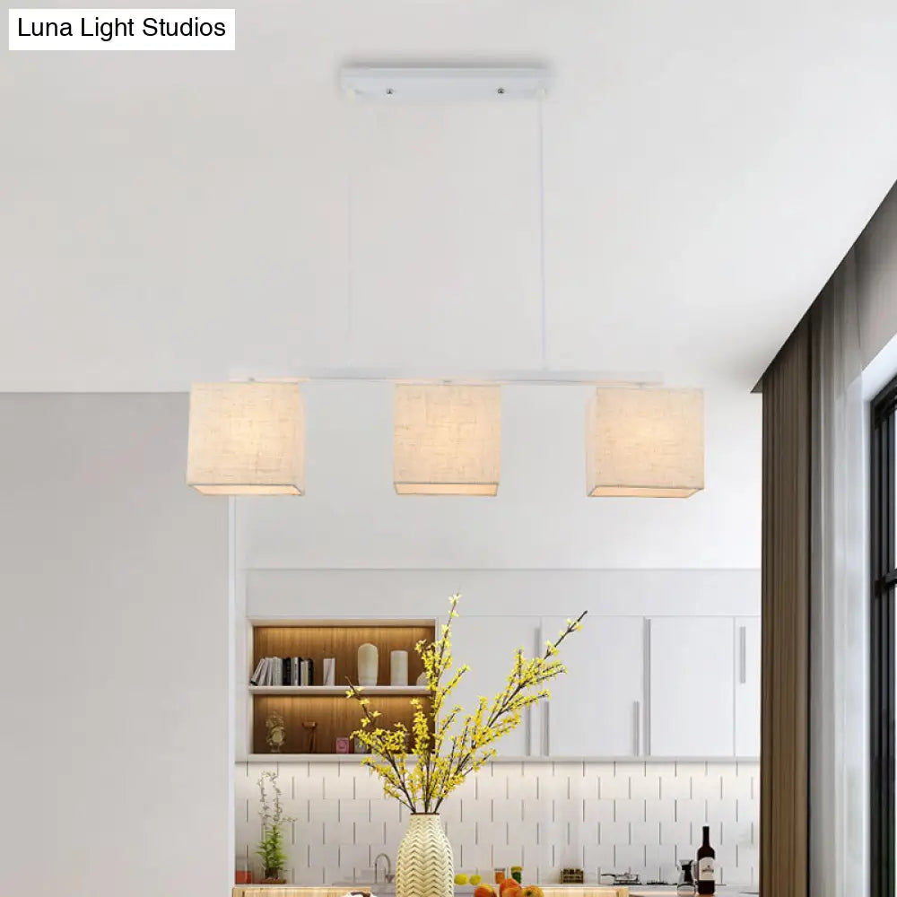 Modern white metal and beige fabric island light fixture for kitchen