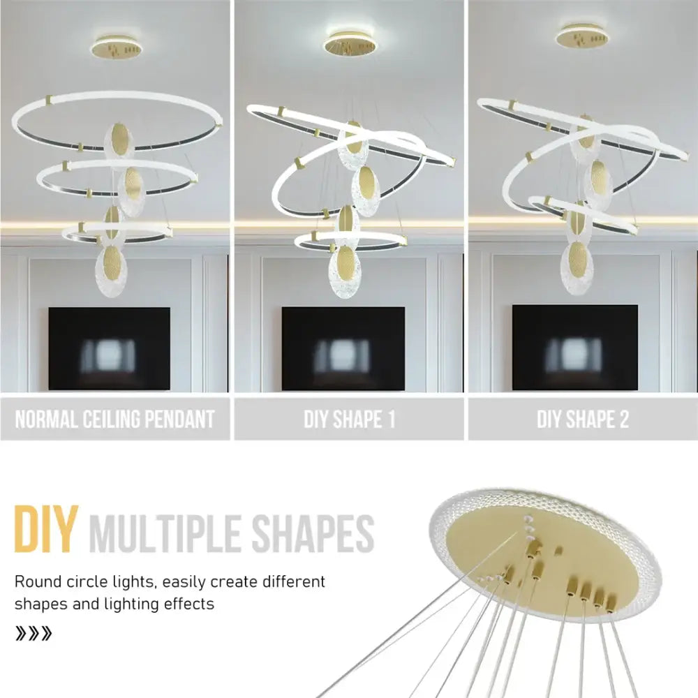 Modern gold circular led rings chandelier dining room acrylic accents