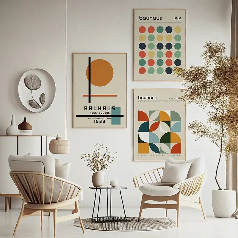 Minimalist orange and terracotta bauhaus exhibition posters living room