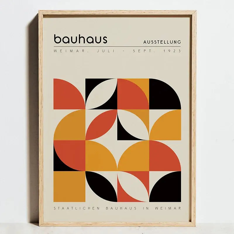 Minimalist orange and terracotta bauhaus exhibition posters living room
